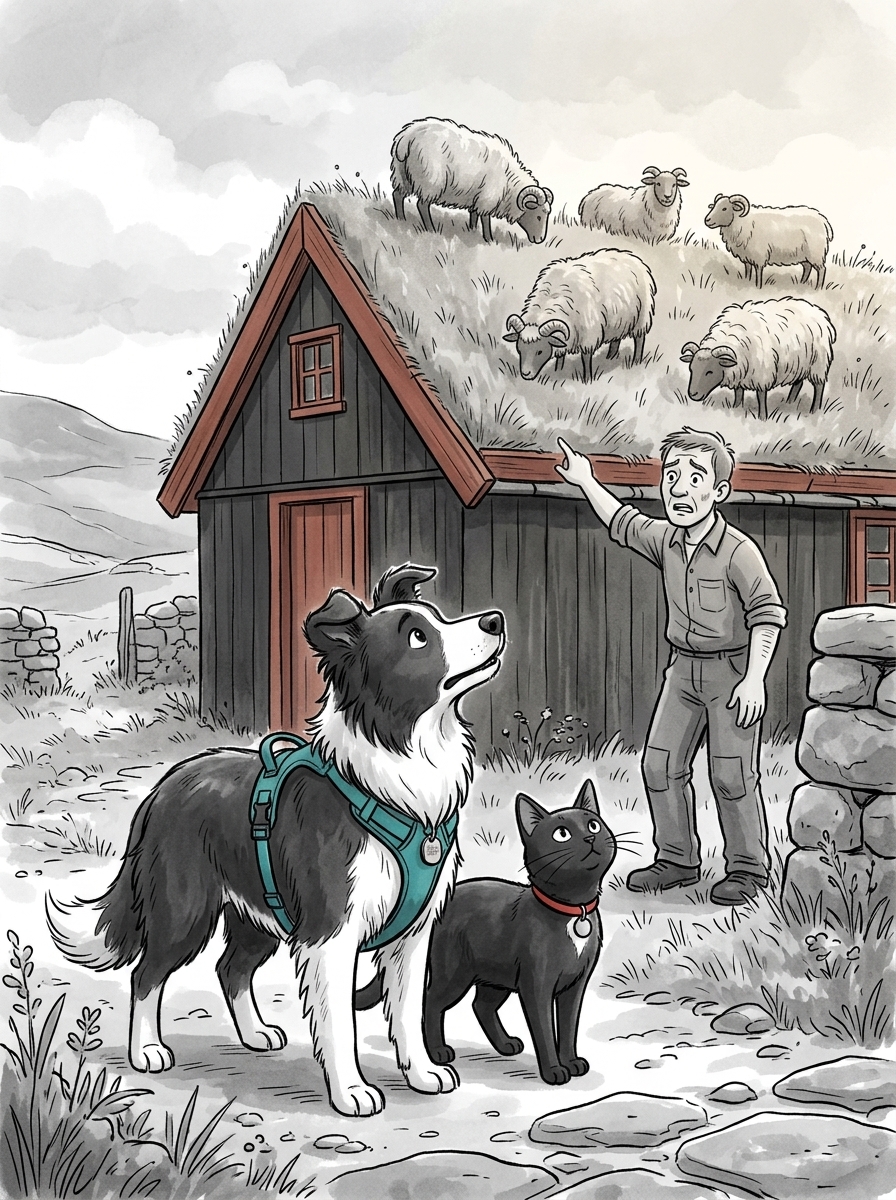 They hear loud bleating and find a distressed local farmer looking up at his black-and-red timber cottage, where four shaggy Faroese sheep are happily grazing on the thick grass turf roof.
