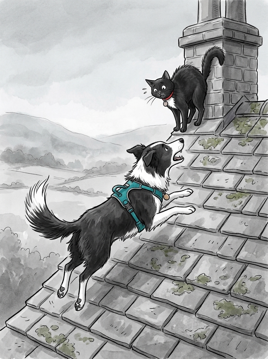 Max enthusiastically leaps forward and barks to herd them down, but his sudden energy startles the stubborn sheep, causing them to huddle tightly at the peak of the roof.