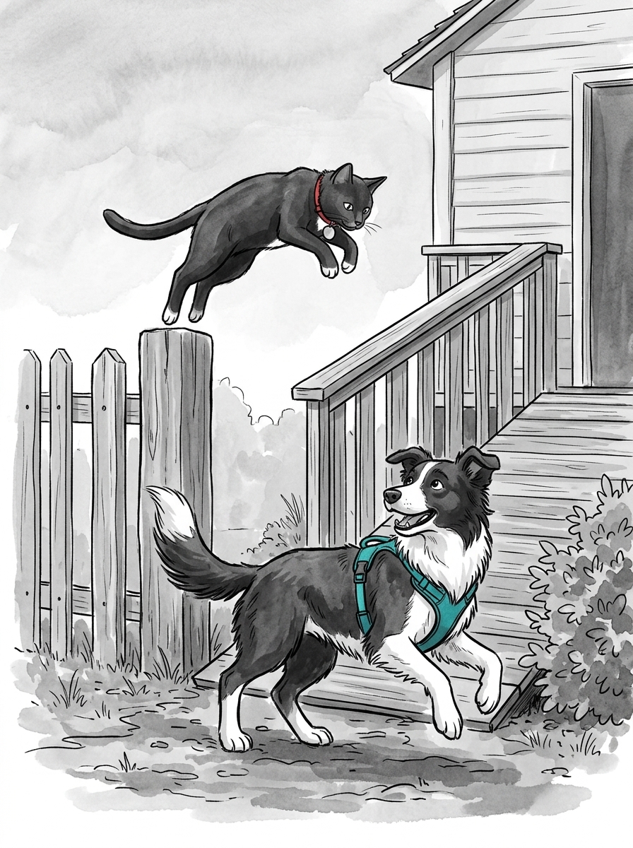Felix leaps gracefully onto a nearby wooden fence post, calmly watching the scene while Max bounces excitedly at the base of the house's wooden ramp.