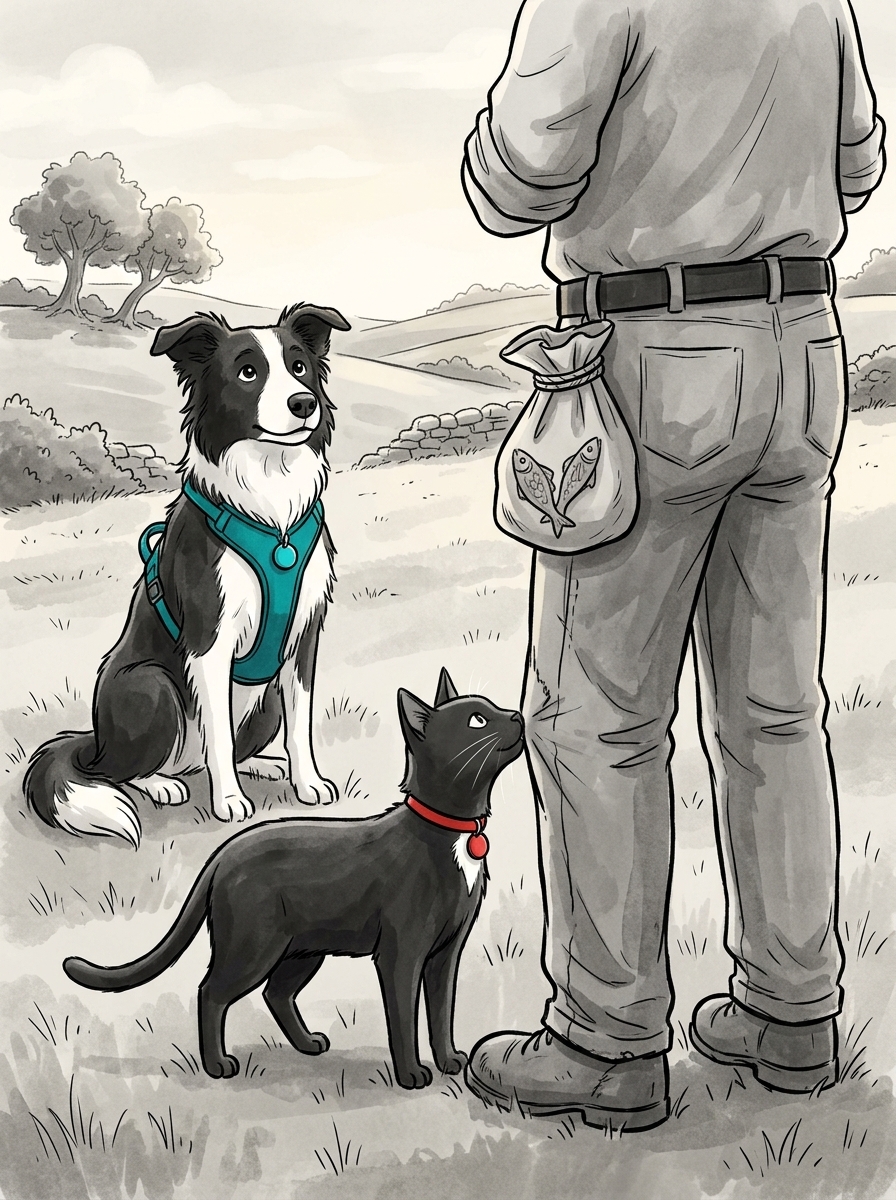 Felix notices a pouch of fragrant local dried fish treats hanging from the farmer's belt and gently nudges the farmer's leg to get his attention.
