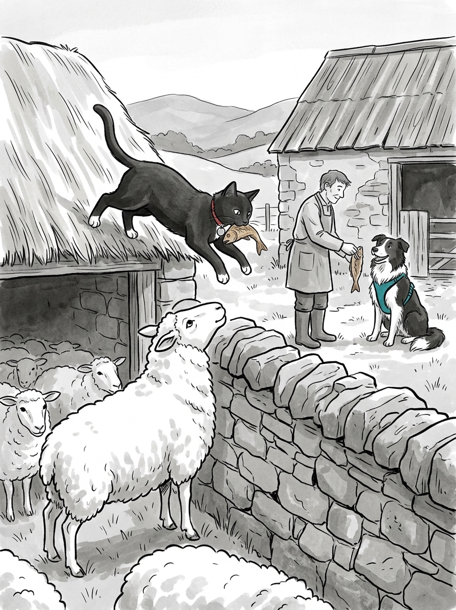 Understanding the cat's clever idea, the farmer hands Felix a piece of dried fish; Felix leaps onto a low stone wall adjacent to the roof to show the treats to the lead sheep.
