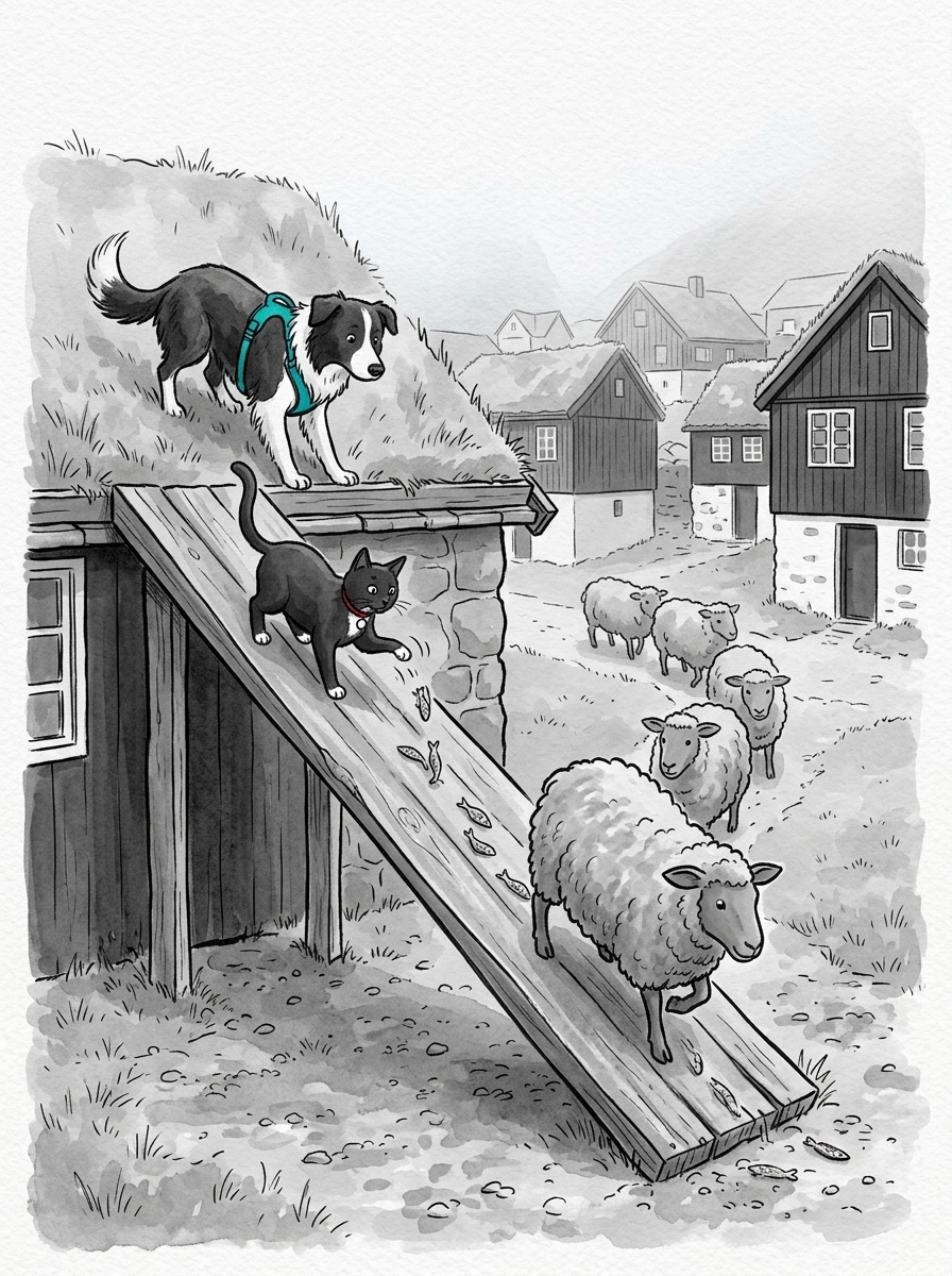 The hungry lead sheep begins following the delicious trail down the wooden ramp, with the other three sheep following closely in a single file line.