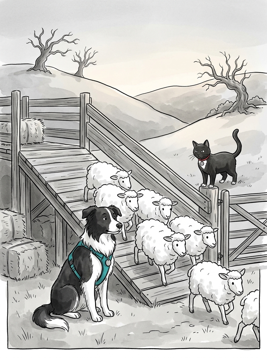 Max exercises impressive self-control, sitting perfectly still at the bottom of the ramp like a true working dog to guide the sheep safely into the pasture without scaring them.