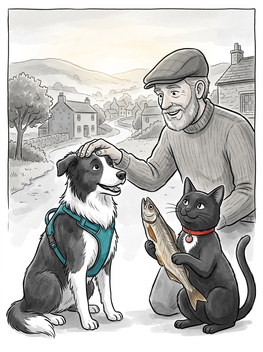With the roof cleared, the relieved farmer gives Felix a large dried fish strip and praises Max with a warm head scratch, as the mist begins to break over the peaceful village.