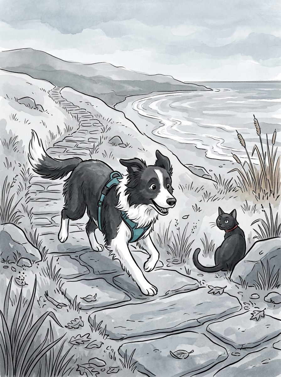 Max scampers enthusiastically down the stone path toward the shoreline, eager to explore every hidden nook.