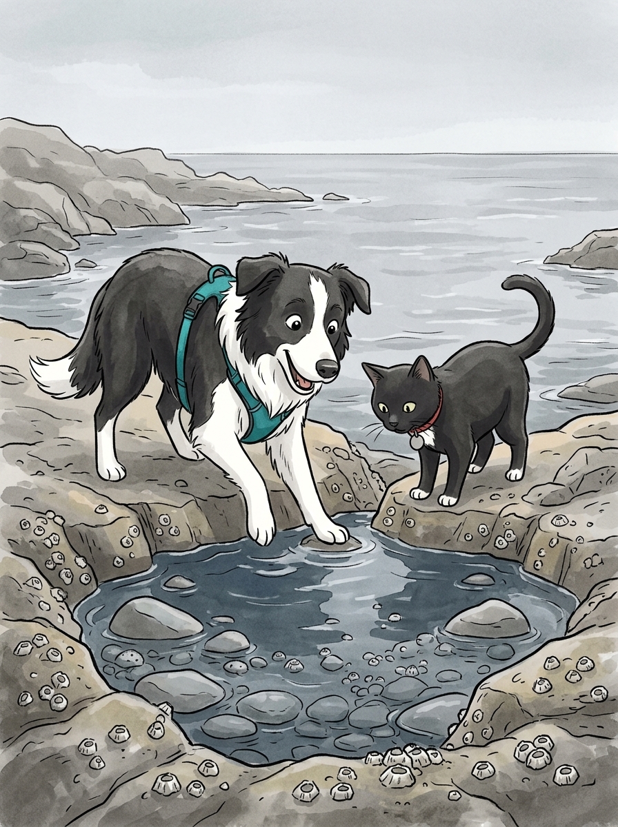 Max discovers a shallow sea pool overflowing with tiny barnacles and deep blue water.