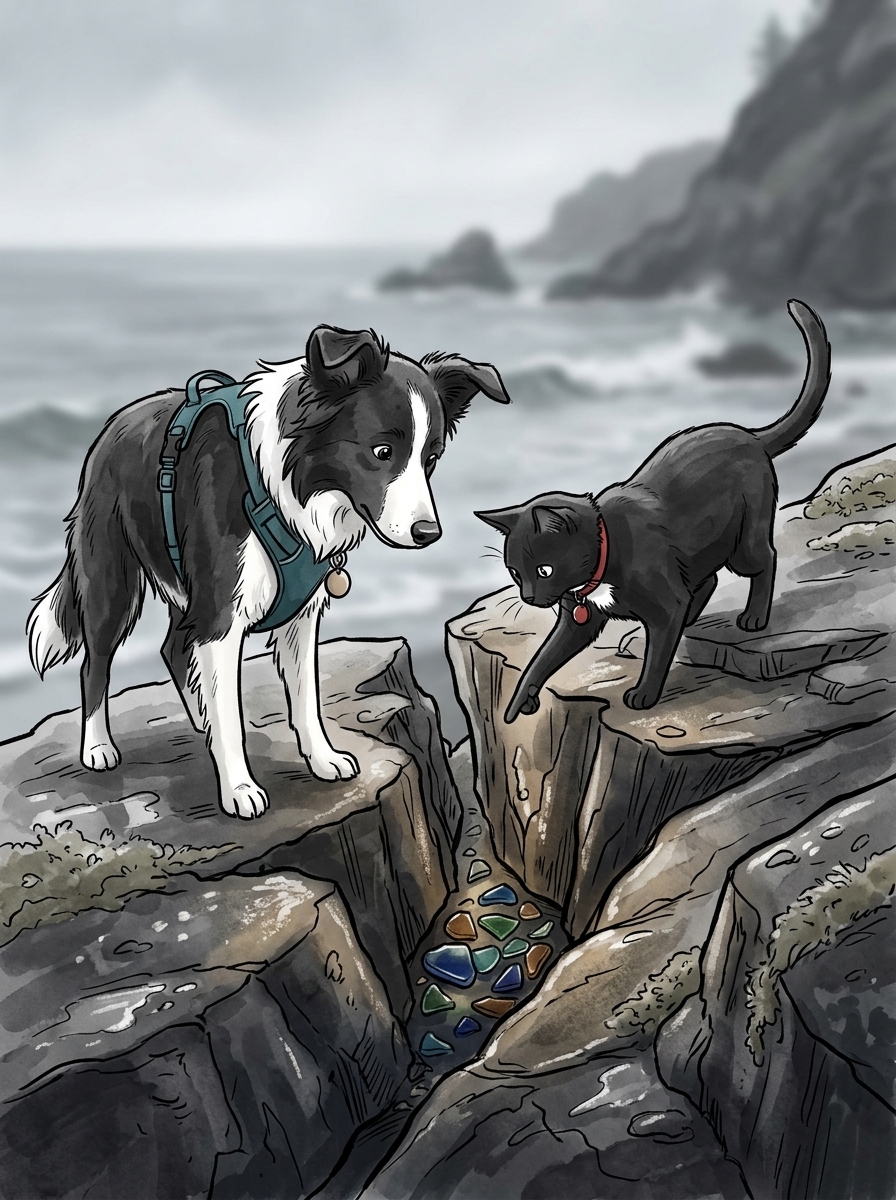 Felix notices scattered fragments of colorful sea glass caught in the crevices of the dark rock.