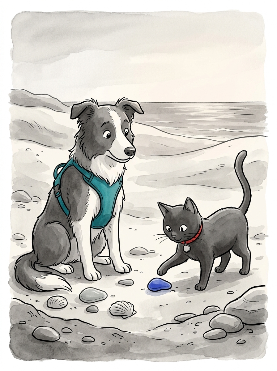 Felix bats at a piece of cobalt blue sea glass, curiously inspecting its smooth, rounded edges.