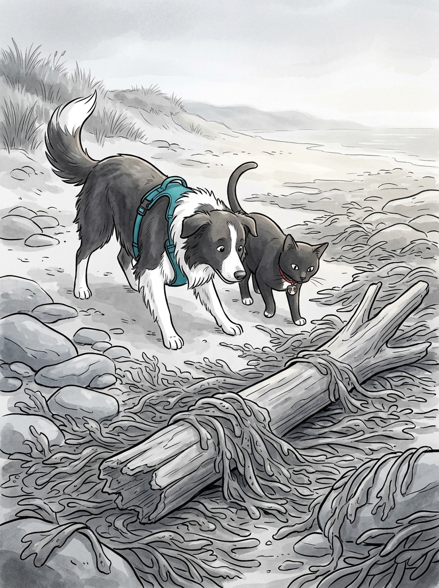 Further down the slope, Max spots a piece of floating driftwood trapped in a dense carpet of wet seaweed.