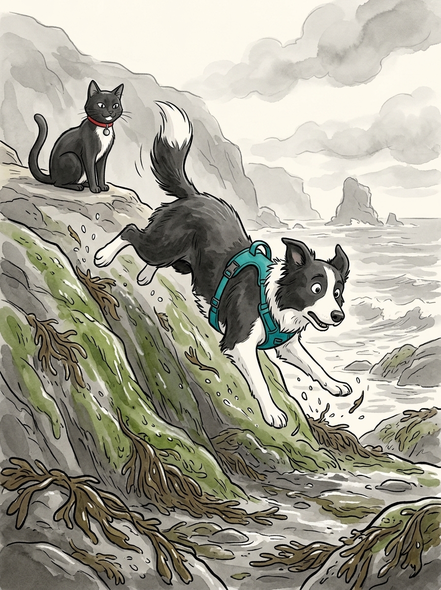 Max leaps boldly onto the wet seaweed, entirely underestimating how slippery the algae-covered slope is.