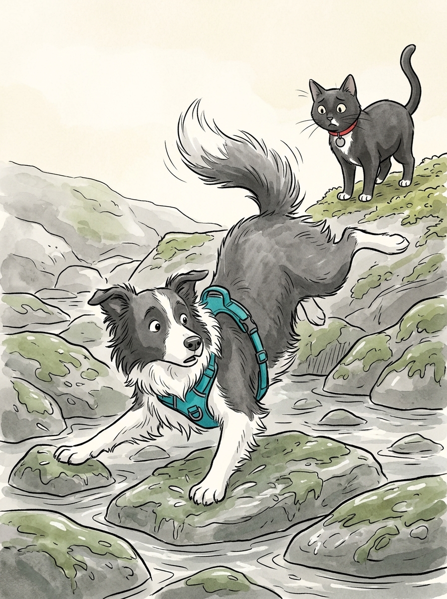 Max's legs shoot out in four different directions as he loses his footing on the slick algae.