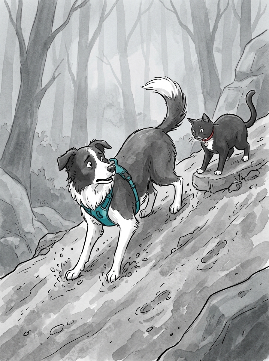 Trapped on the slippery slope, Max tries to stand but only slides further whenever he moves his paws.