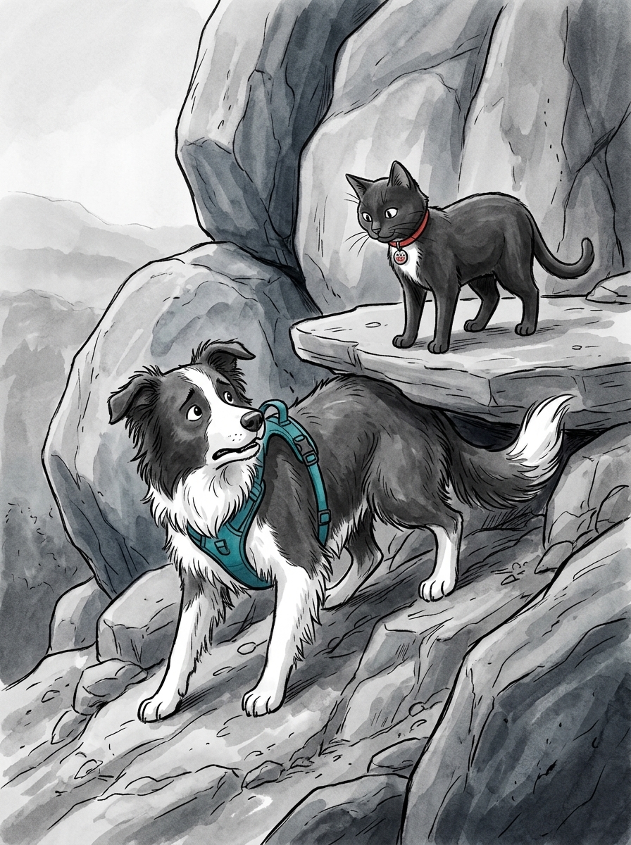 Felix trots to the edge of the safe, dry stone shelf and assesses Max's awkward situation.