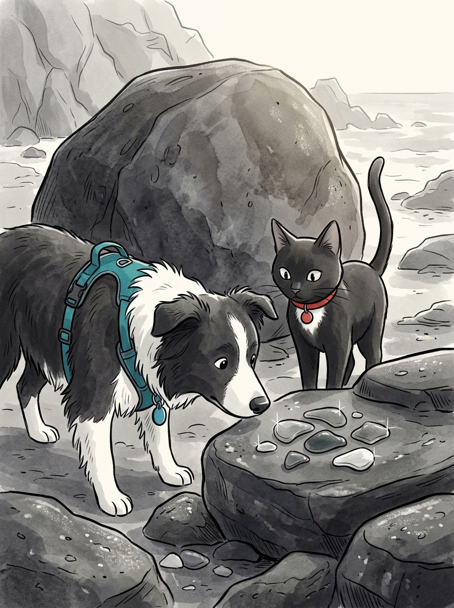 Felix notices that the shiny pieces of sea glass stand out vividly against the dark, treacherous stones.