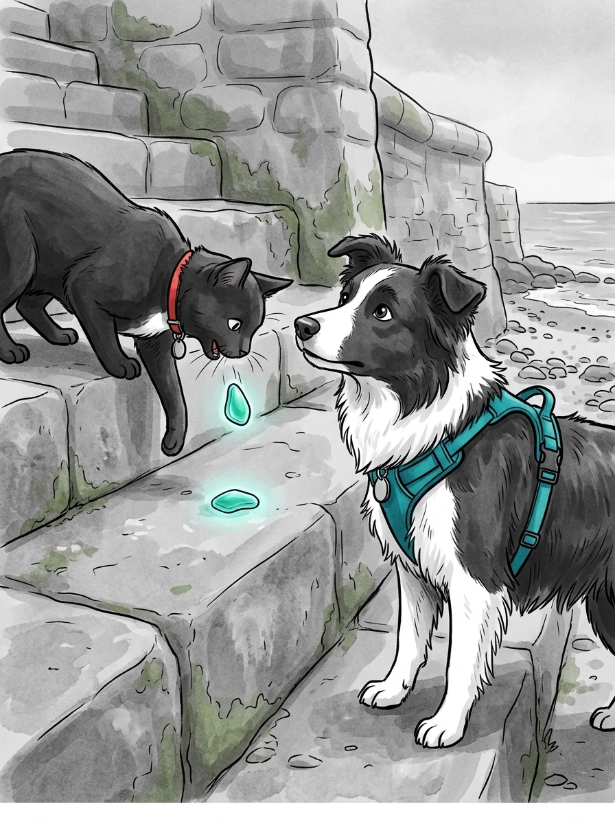 Felix picks up a glowing piece of teal sea glass in his jaws and drops it onto a solid, dry stone step.