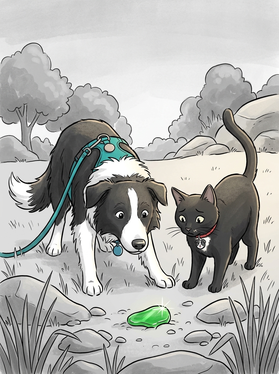 Max spots the bright green glass and locks his attention onto the shiny target, forgetting his panic.