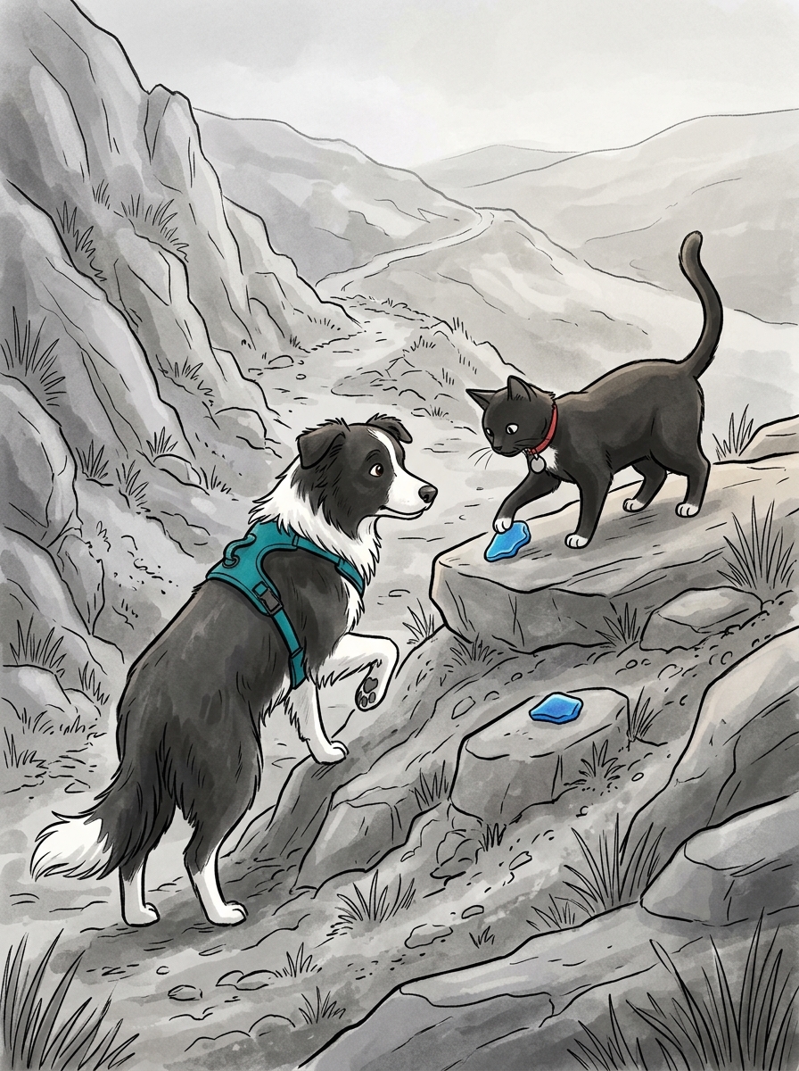 Felix places a second piece of bright blue glass on another firm rock further up the slope.