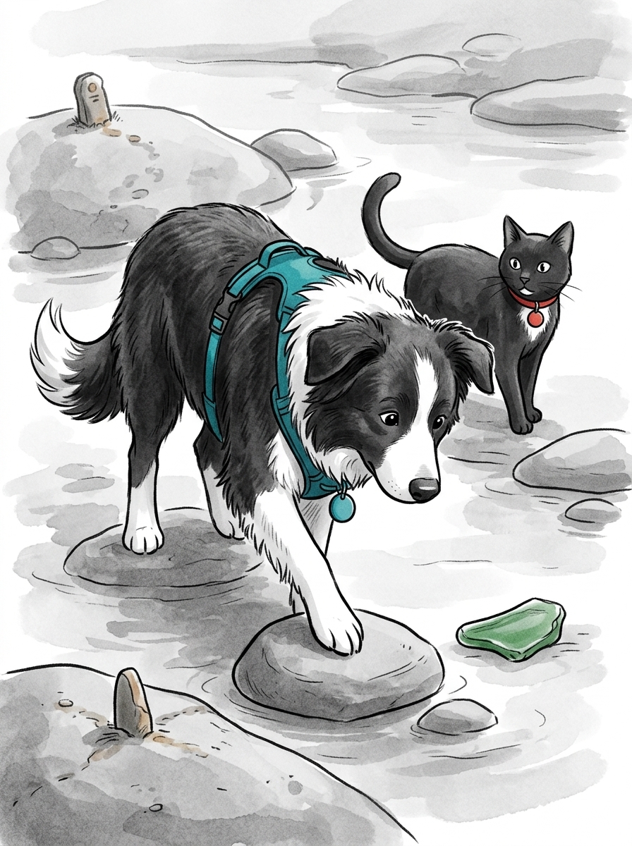 Guided by the first marker, Max carefully places one paw onto the dry stone beside the green glass.