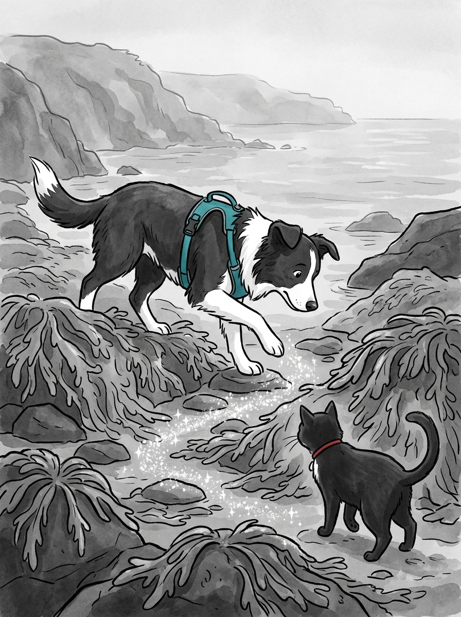 Max follows the sparkling trail step-by-step, carefully avoiding the wet seaweed below.