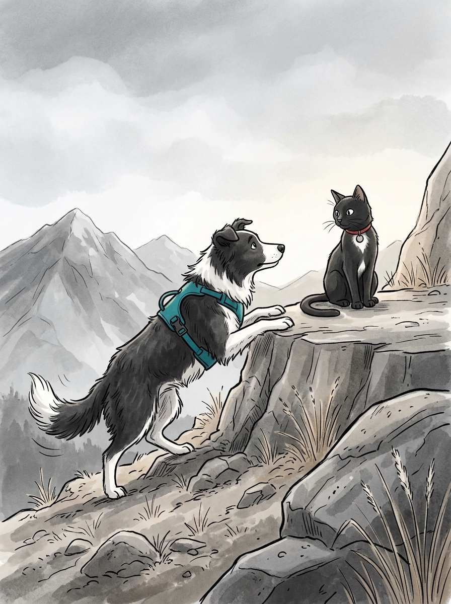 Max scrambles up the last few feet of dry rock, landing safely back on the high ground beside Felix.