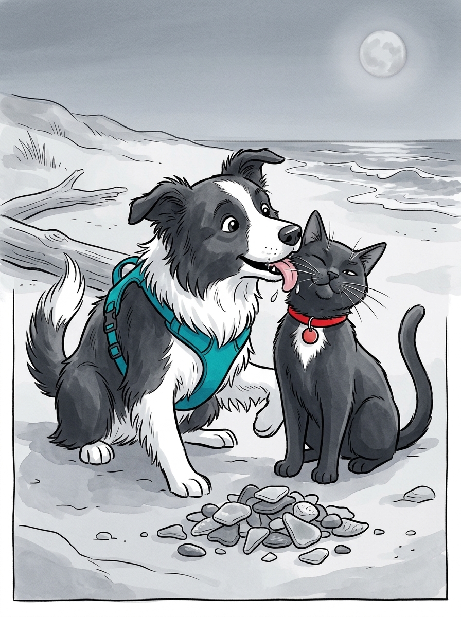 Overjoyed and safe, Max smothers Felix with affectionate licks beside their newfound sea glass collection.