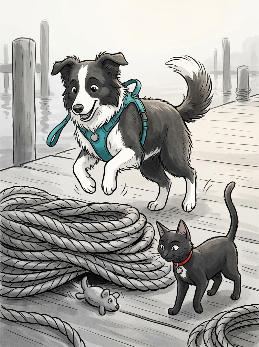 An overenthusiastic bounce sends Max's squeaky toy skittering beneath a heavy stack of thick mooring ropes.