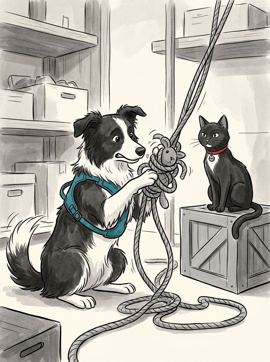Max frantically scratches and tugs at the heavy ropes, but his chaotic energy only wedges the toy tighter.