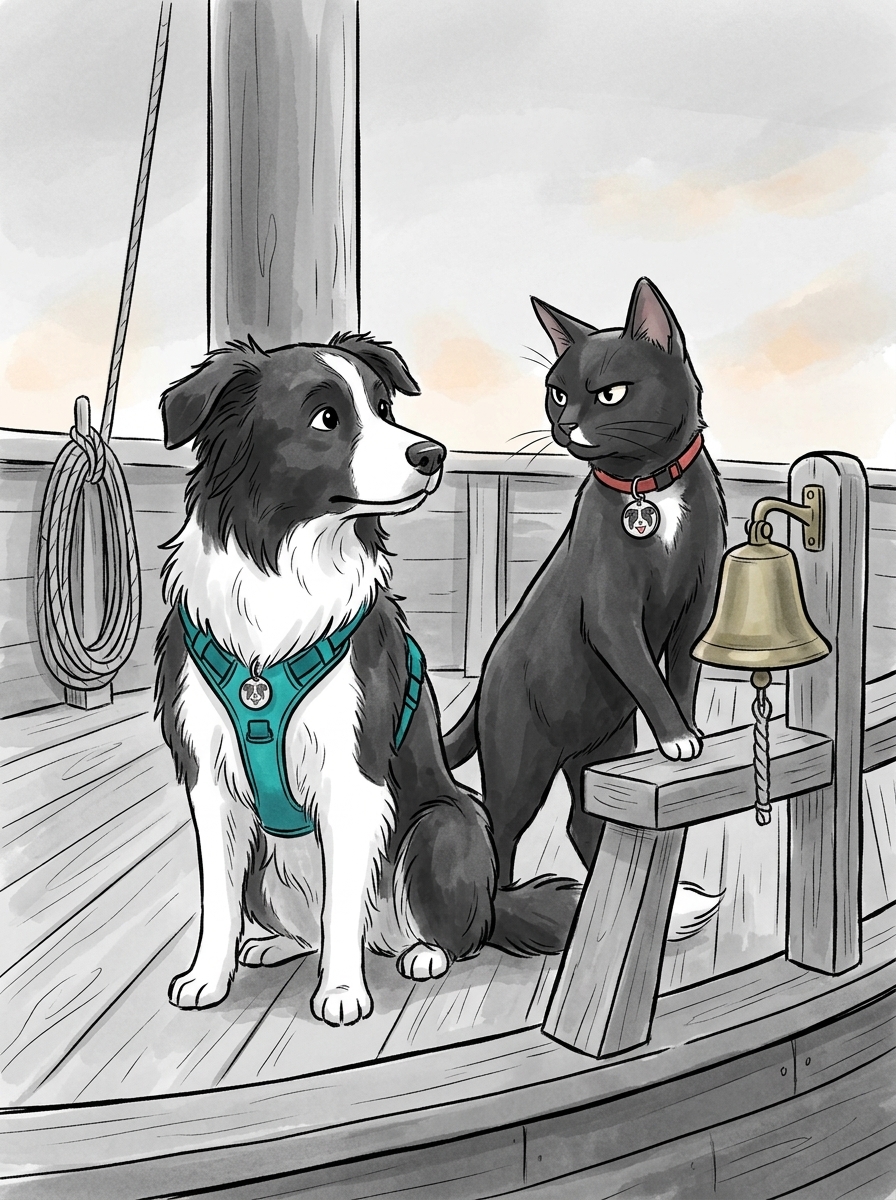 Felix steps up to a railing near a small brass ship's bell to take control of the situation.