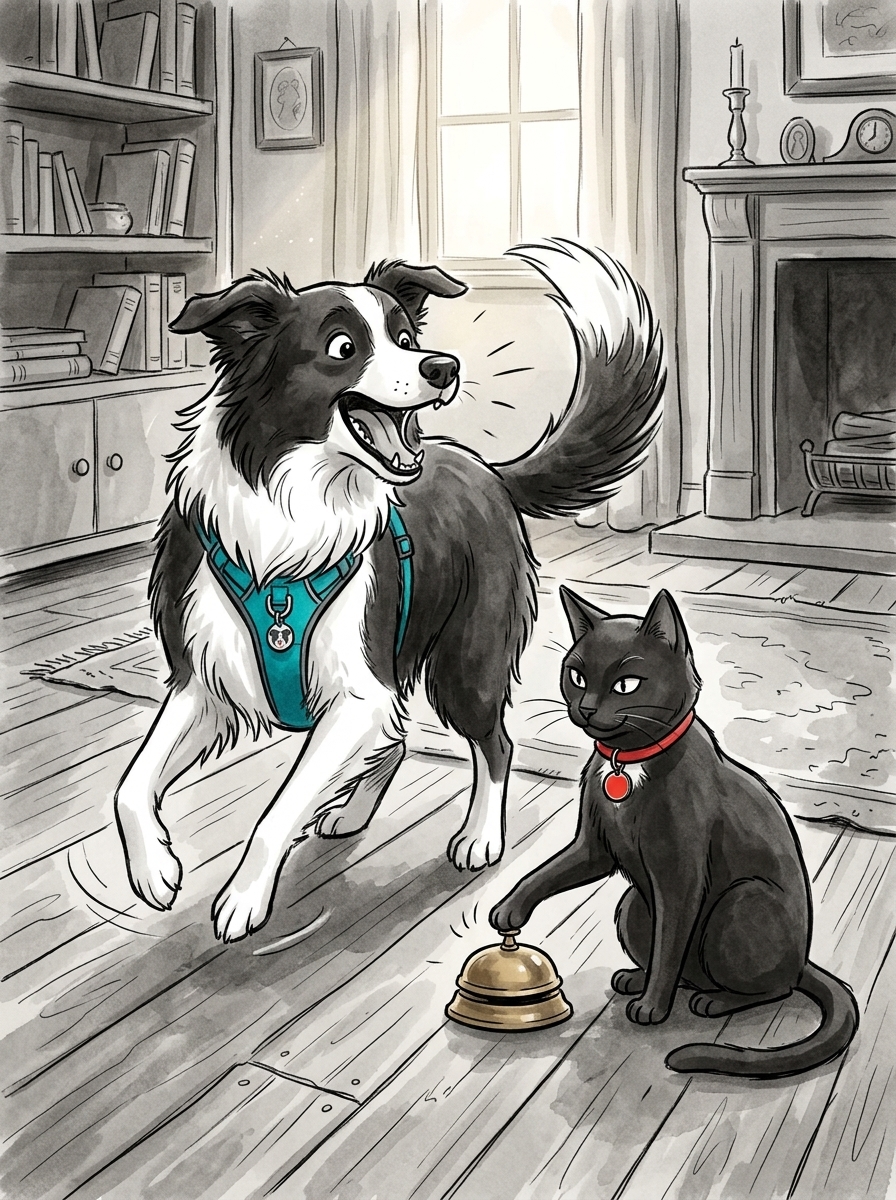 Felix taps the brass bell with his paw, using the rhythmic chime to interrupt Max's frenzy and capture his attention.