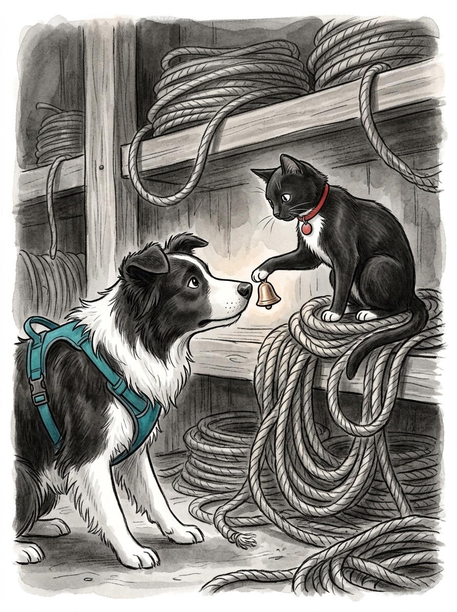 Felix uses a steady pattern of bell taps to carefully guide Max's nose toward the exact opening in the rope stack.