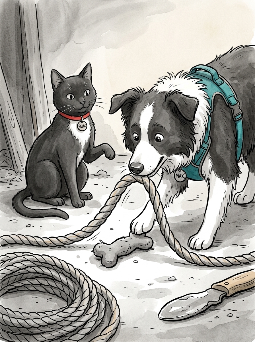 Guided by Felix's precise cues, Max gently nudges the heavy rope aside and slides the squeaky toy free.