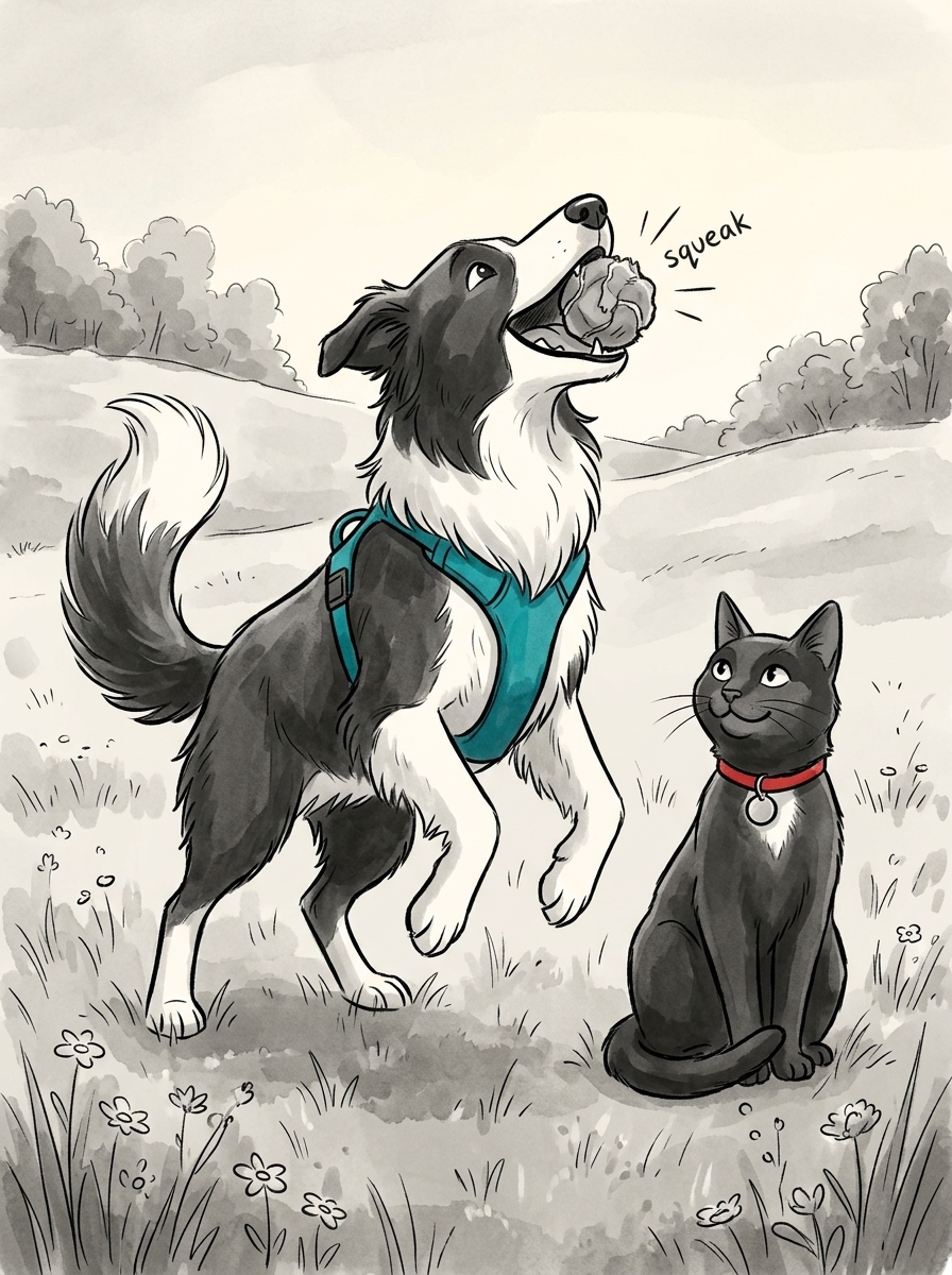 With his favorite toy safely retrieved, Max celebrates with a joyful squeak as Felix looks on with quiet satisfaction.
