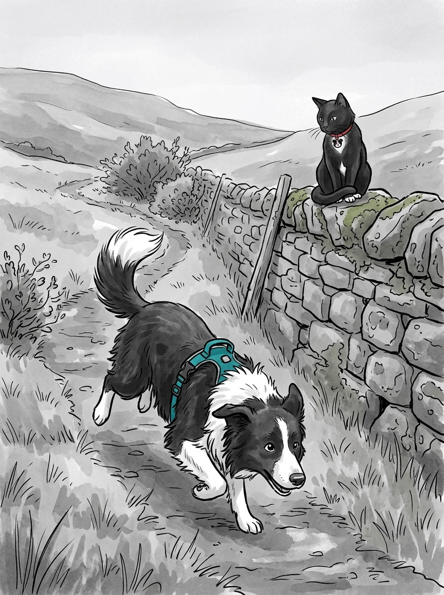 Max bounds along a narrow sheep path, his nose pressed to the damp earth while Felix takes the high ground on a mossy stone wall.