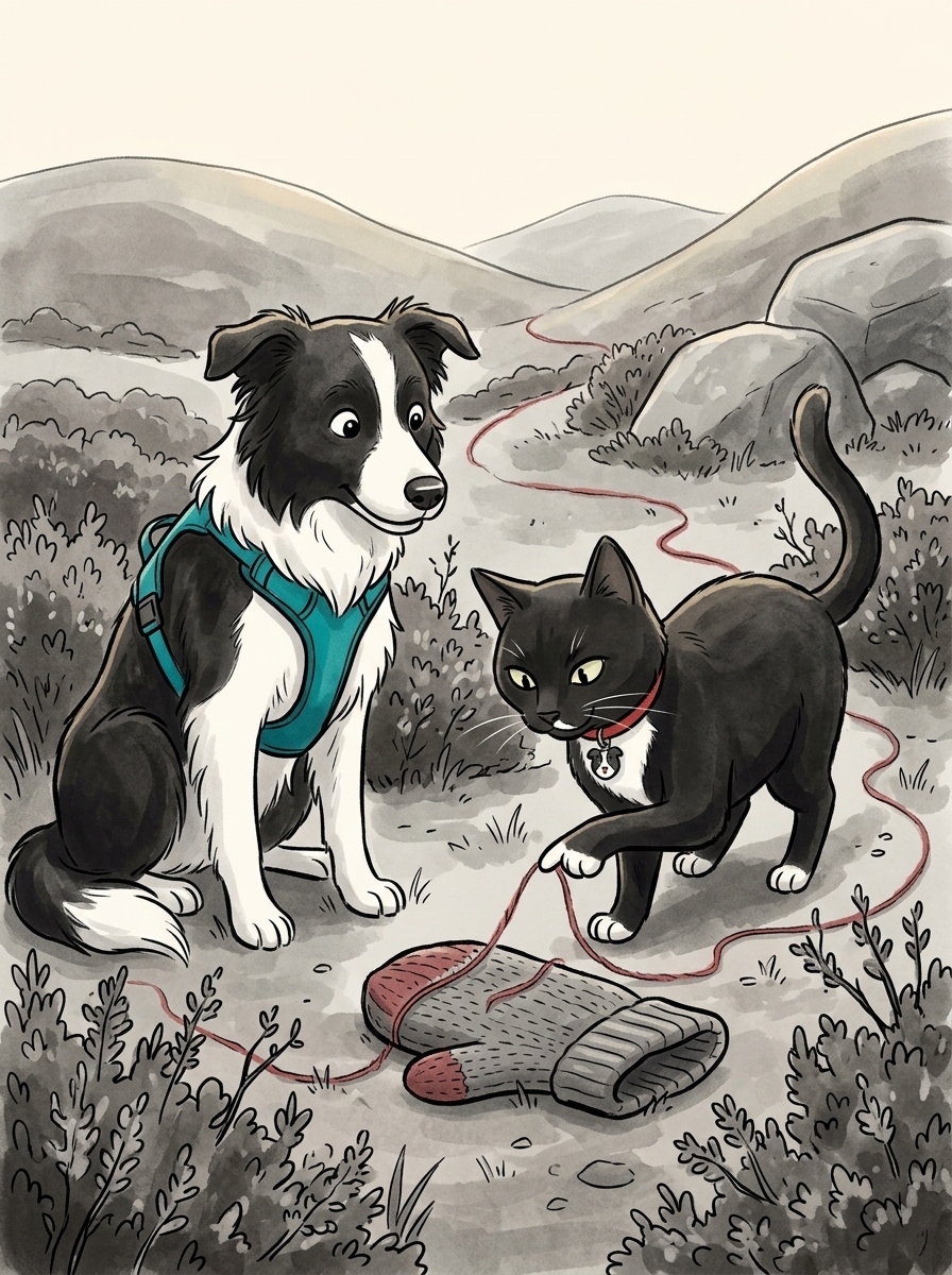 Felix inspects the colorful mitten with a keen eye, spotting a trail of red wool snagged on nearby heather twigs.