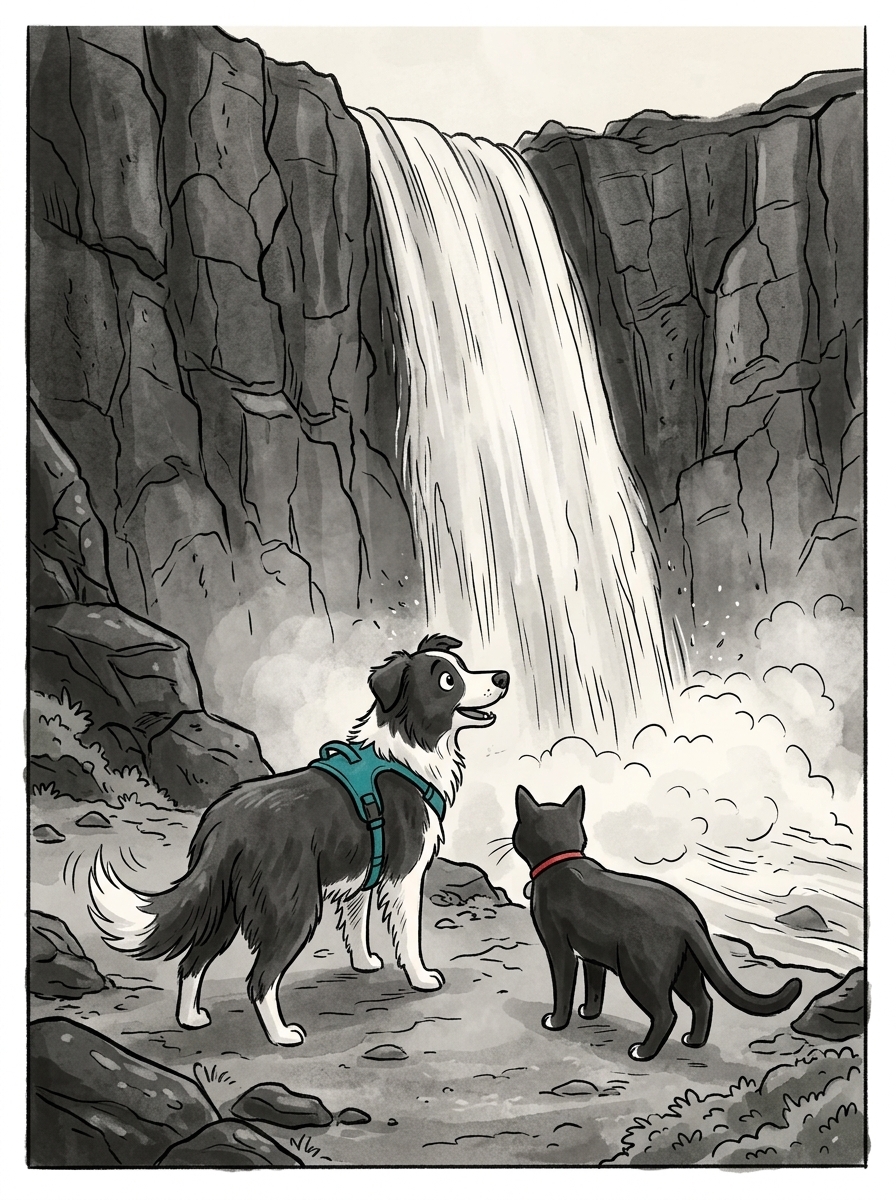The trail leads them past a roaring waterfall that thunderously chutes down a sheer black cliff face.