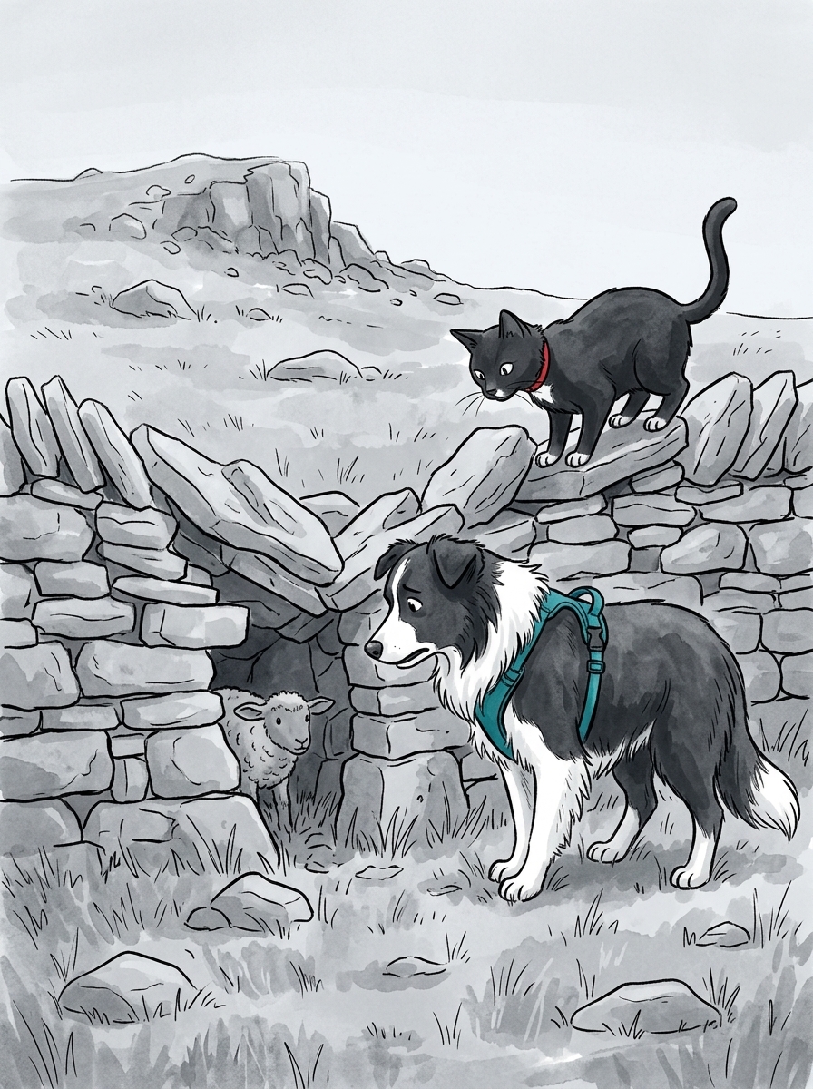 Max hurries toward the rock outcrop and discovers a small lamb trapped behind an old collapsed drystone wall.