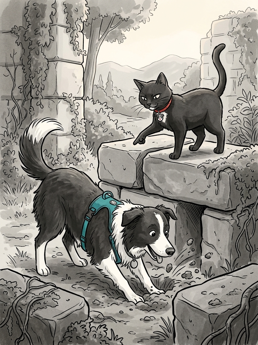 Eager to help, Max tries to dig under the heavy stones, but Felix steps in to direct a gentler approach.