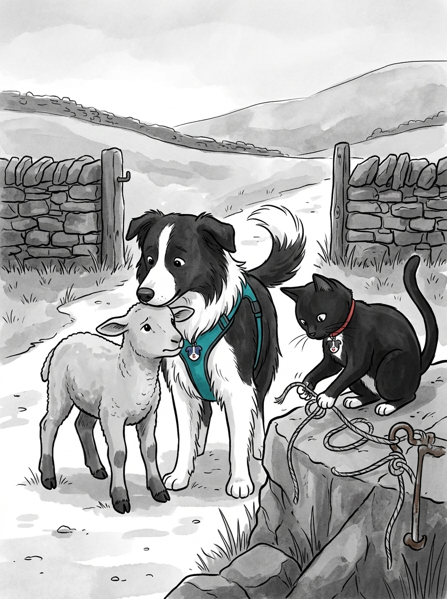 Working together, Felix unhooks the snared twine while Max keeps the young lamb calm with gentle nudges.