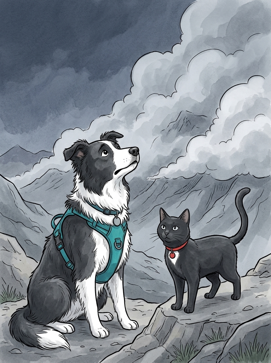 The sky darkens to a deep slate grey as heavy Atlantic fog begins rolling rapidly down the upper peaks.