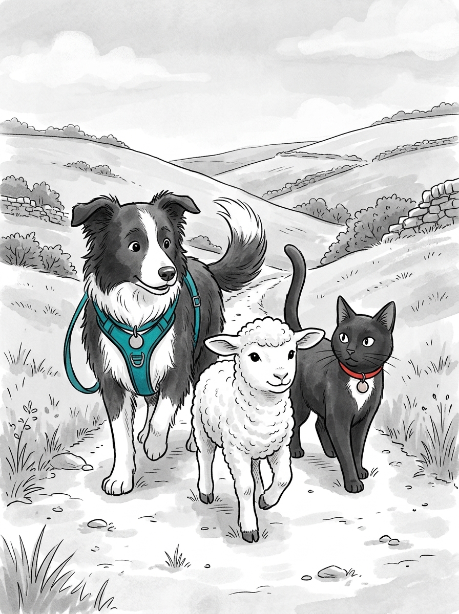 The little lamb confidently leads the way down the familiar sheep path, with Max and Felix guarding its flanks.