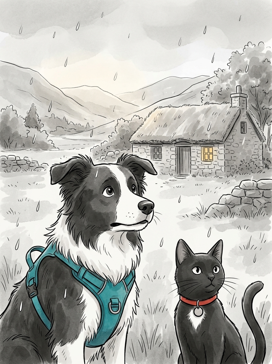 As the first large raindrops begin to fall, they arrive at a cozy turf-roofed farm at the foot of the glen.