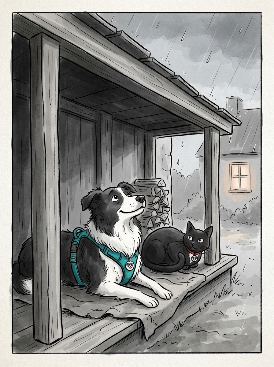 The grateful shepherd offers Max and Felix dry shelter beneath the low, overhanging porch of the cottage.
