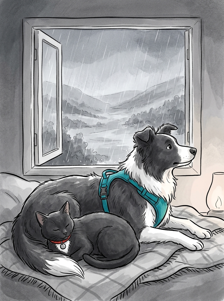 Safe from the storm, Felix curls up against Max's warm side as they watch the rain transform the valley.