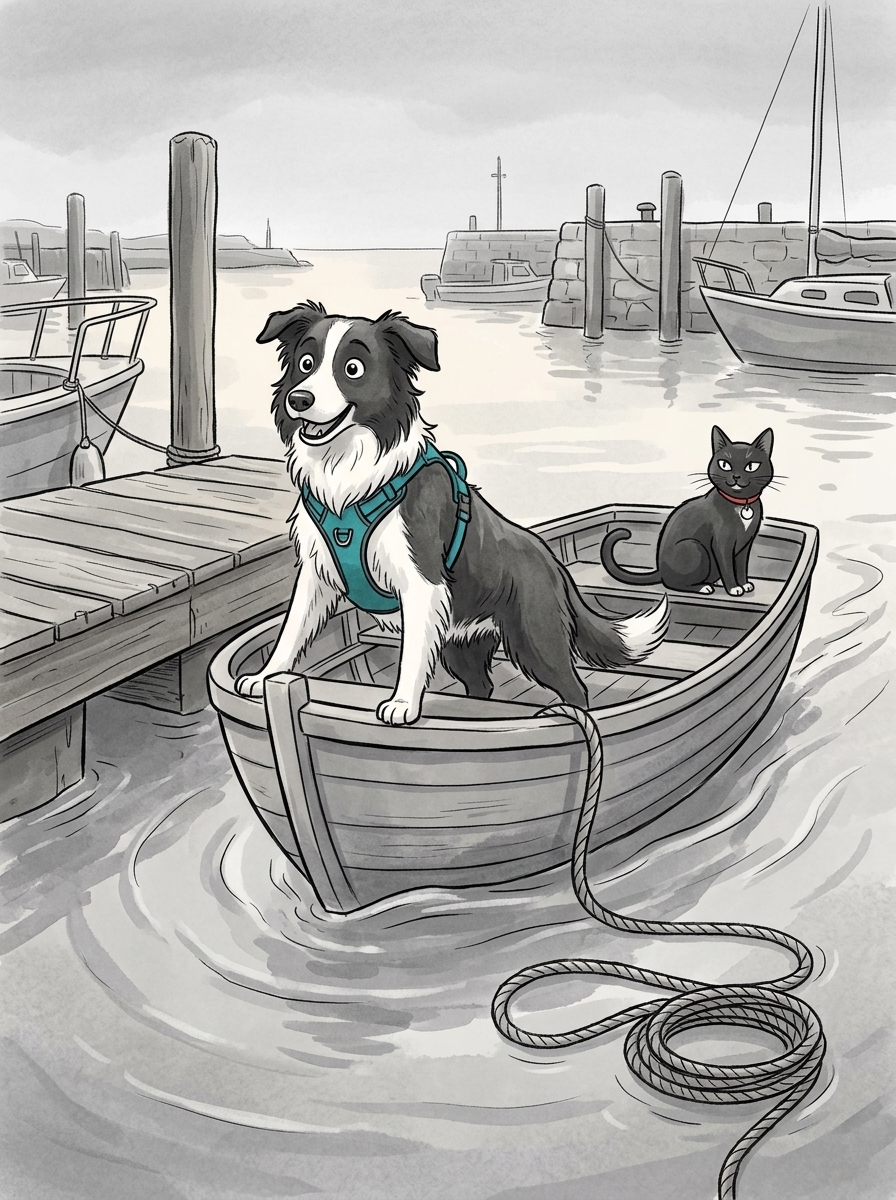 A small wooden rowboat slips away from its berth, its thick hemp mooring rope trailing loosely in the grey harbor tide.