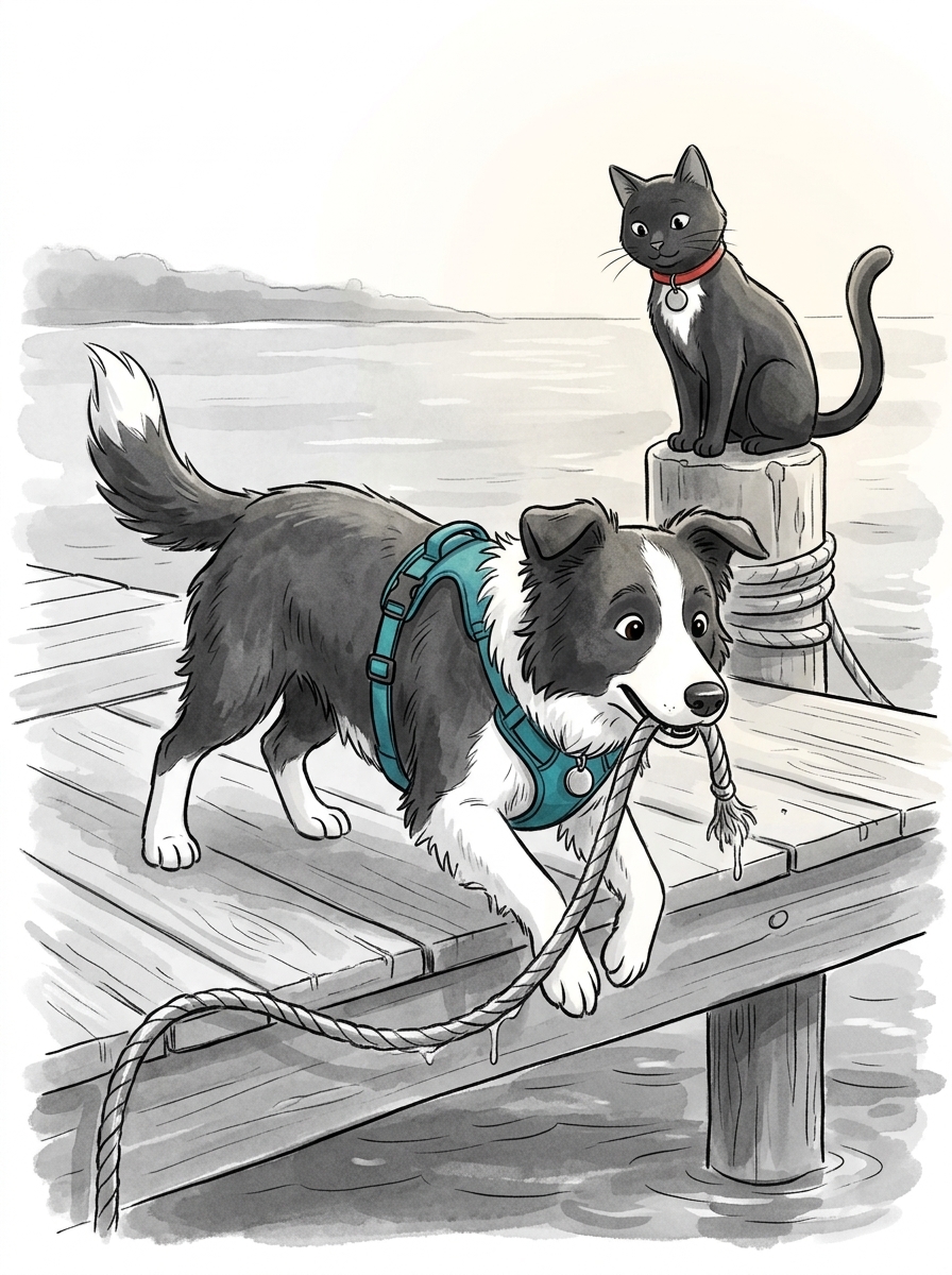 Spotting the drifting vessel, Max leaps to the edge of the dock and catches the fraying end of the wet rope in his jaws.