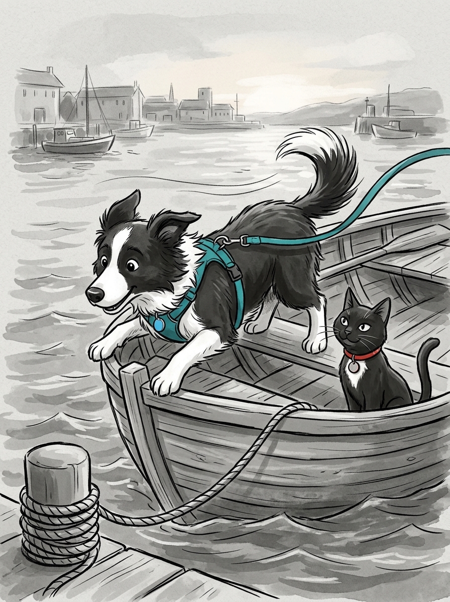 The strong harbor breeze fills the rowboat, straining the rope and threatening to pull eager Max off balance.