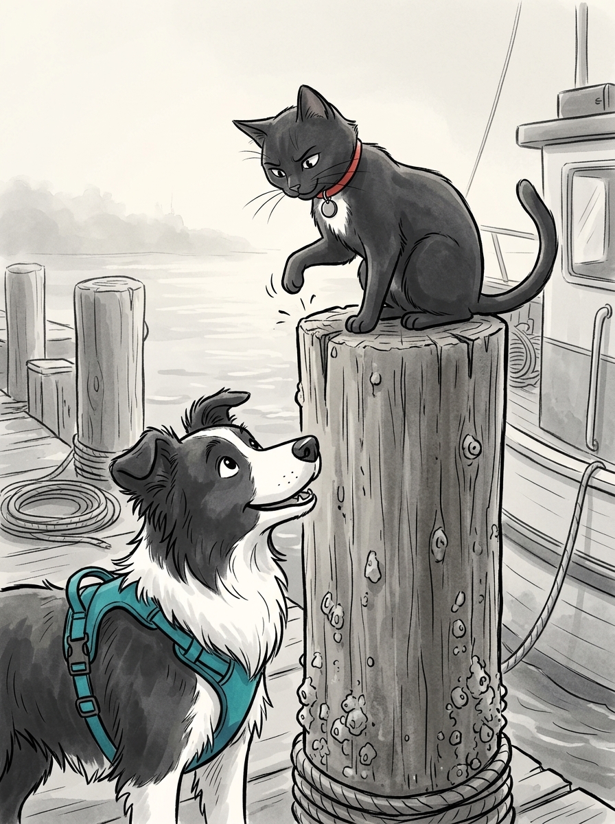 Felix assesses the situation, leaps onto a weathered wooden bollard, and taps the timber to show Max what to do.