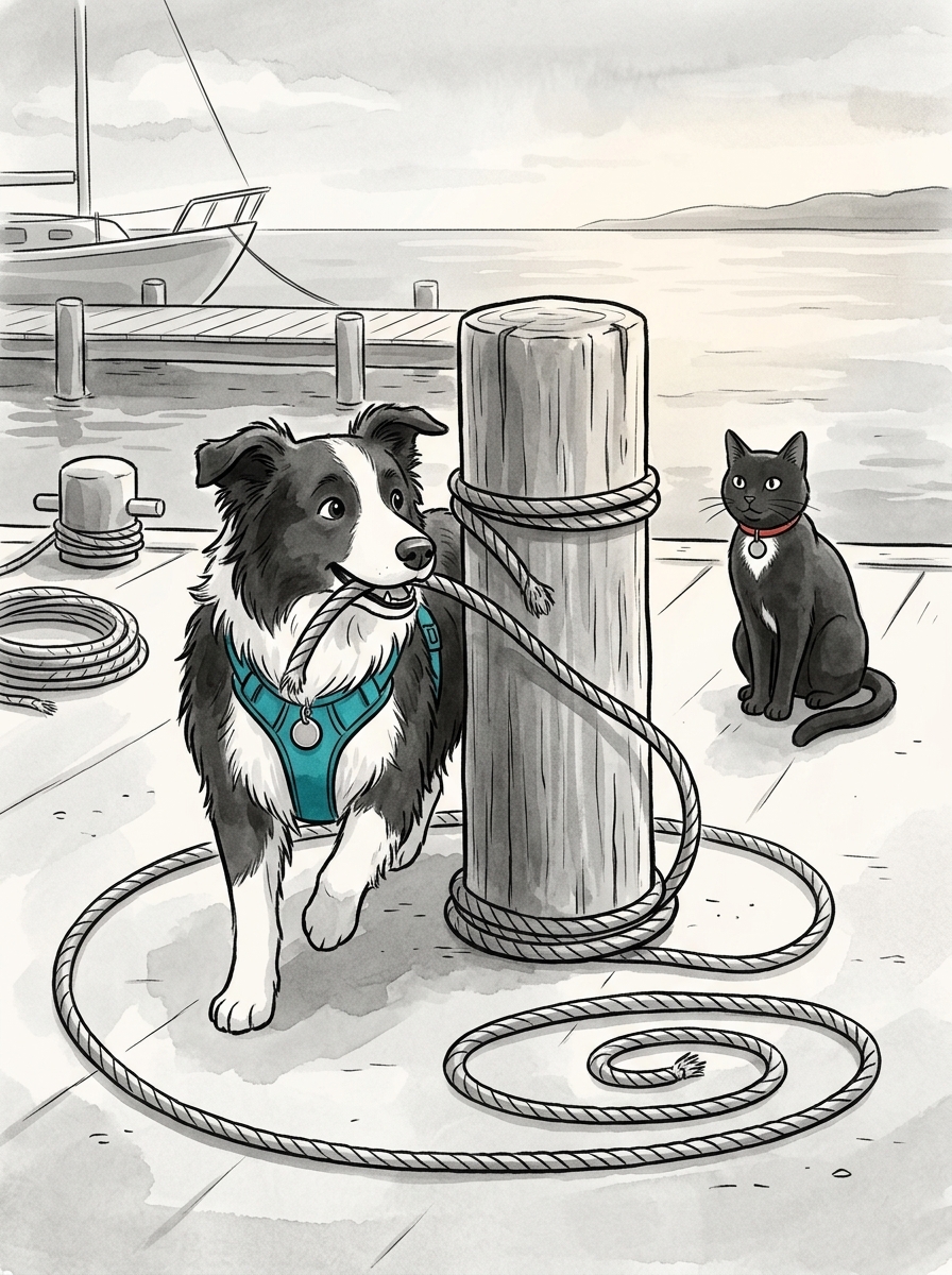 Max takes the hint and trots in a circle around the wooden bollard, weaving the heavy rope around the timber.