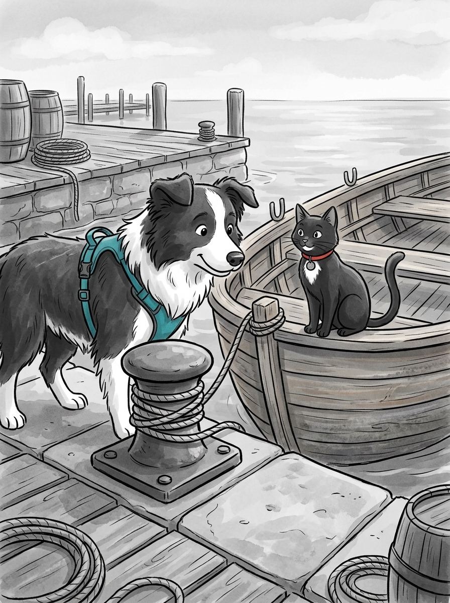 With the rope wrapped securely around the bollard, the momentum of the rowboat dies down and the craft comes to a rest.