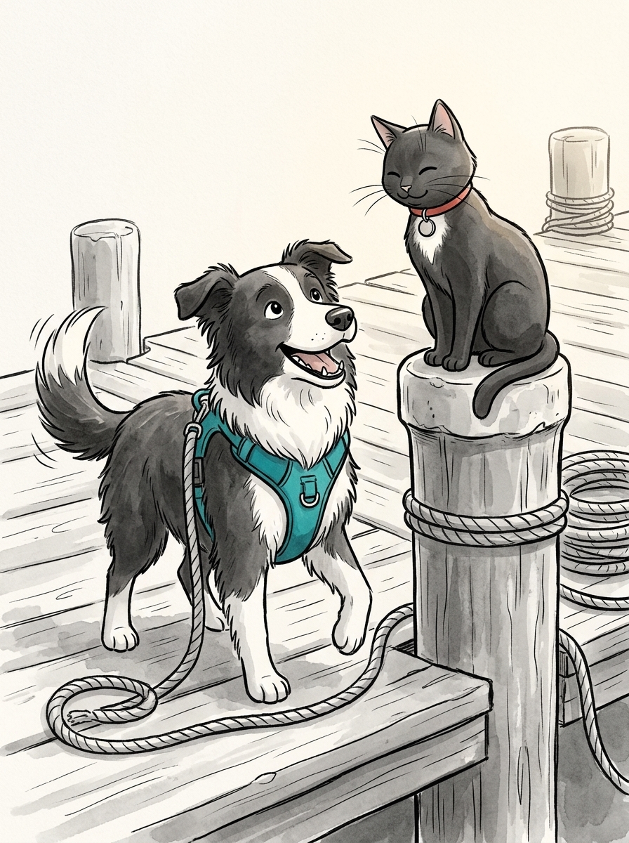 Satisfied with their teamwork, Max drops the rope with a happy bark while Felix purrs softly from atop the bollard.